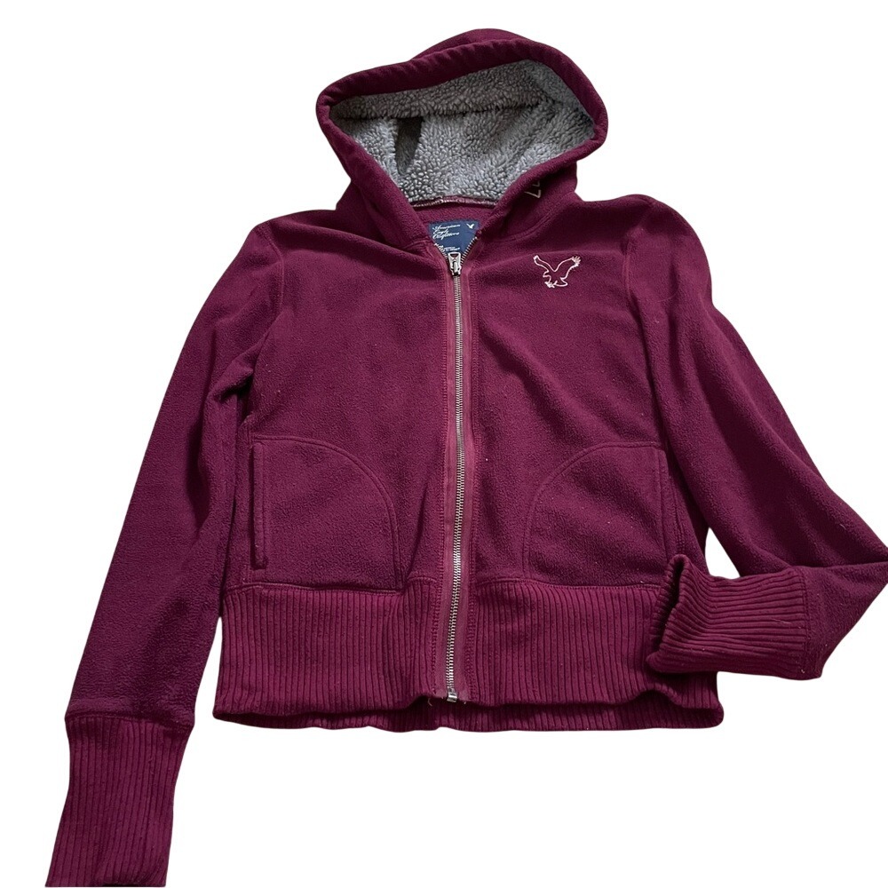American Eagle Outfitters Burgundy Sherpa Lined Full Zip Fleece Hoodie Medium